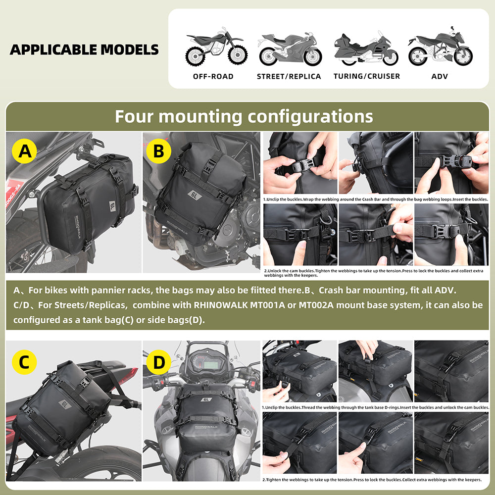 Rhinowalk 6L Waterproof Motorcycle Front Bumper & Tail Side Bag