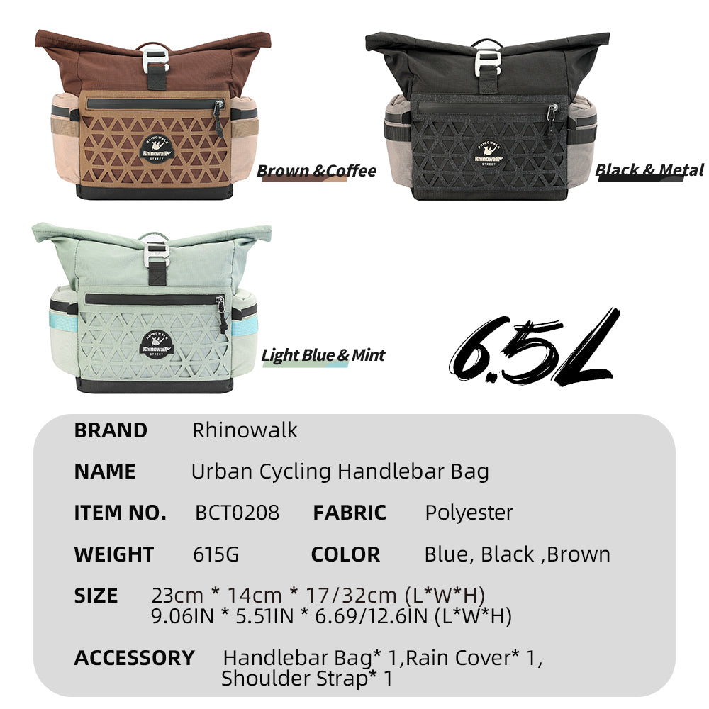 Rhinowalk Folding Bike Handlebar Bag 6.5L Quick-Release Urban Cycling  Waterproof with Rain Cover for Brompton Bikes