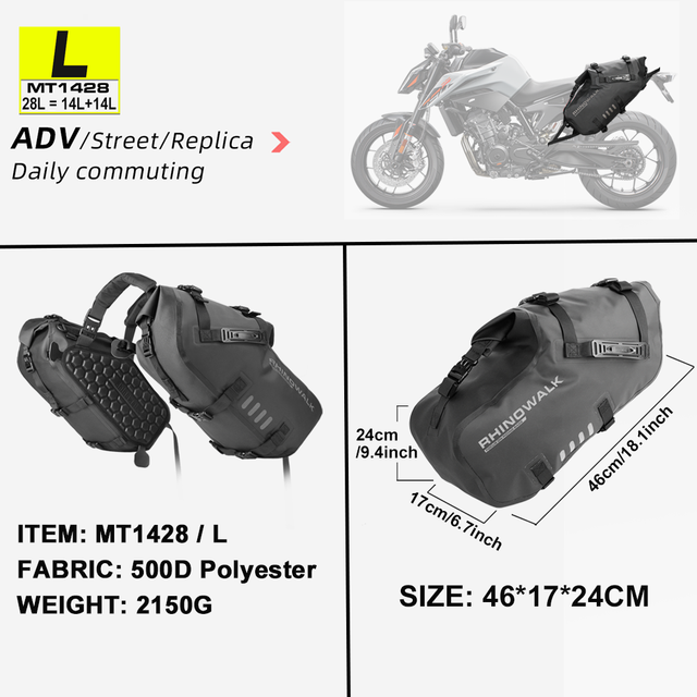 Rhinowalk Waterproof Motorcycle Saddle Bags – 18L/28L/48L Universal
