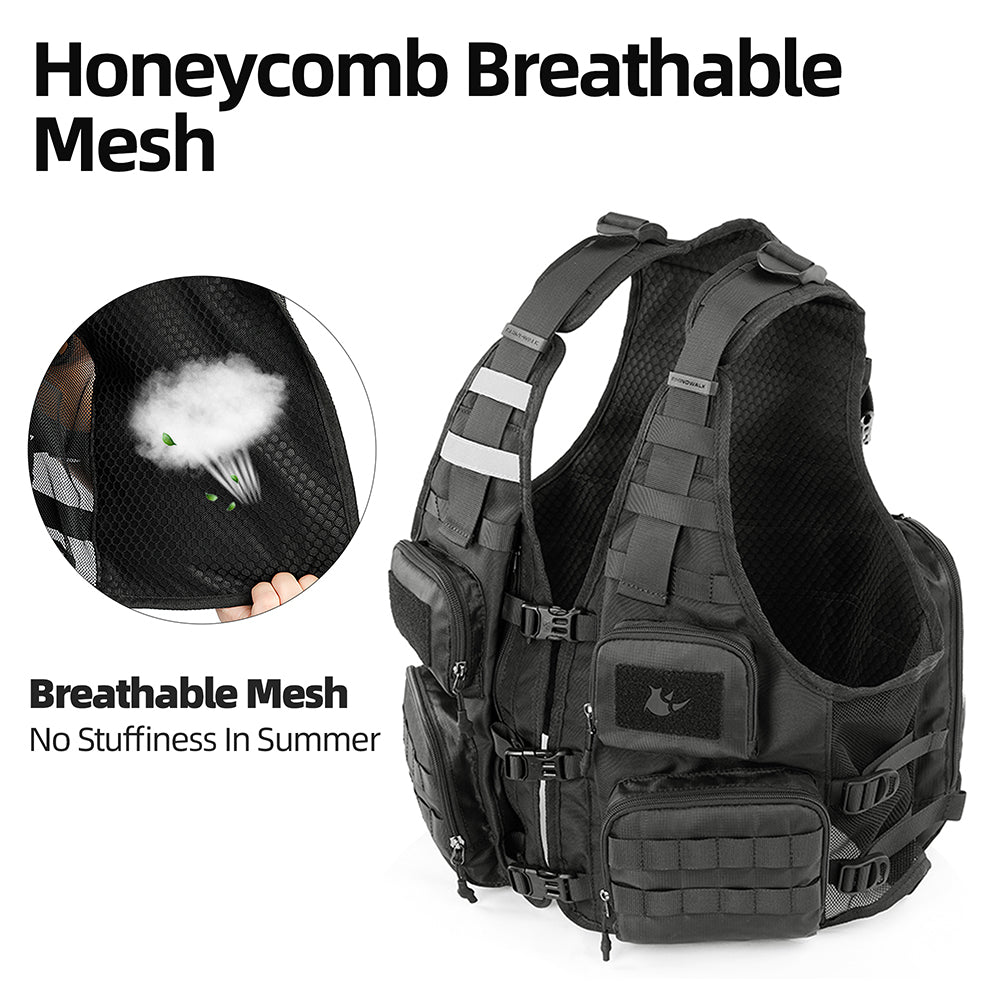 Rhinowalk Multifunctional Riding Vest - Helmet Storage, Hydration System, Breathable Mesh & Multi-Pocket Design for Motorcycling & Bicycling