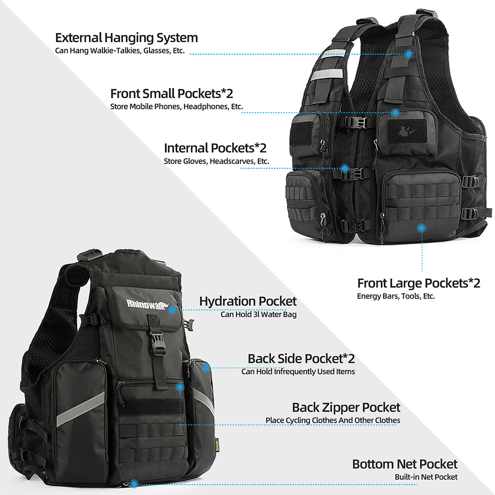 Rhinowalk Multifunctional Riding Vest - Helmet Storage, Hydration System, Breathable Mesh & Multi-Pocket Design for Motorcycling & Bicycling