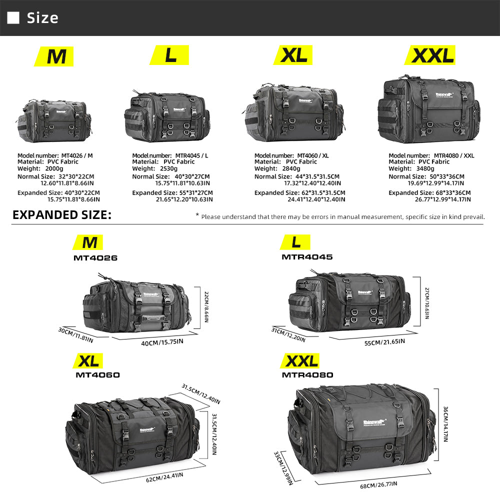 Rhinowalk 26L Expandable Motorcycle Tail Bag – Up to 80L Travel Luggage