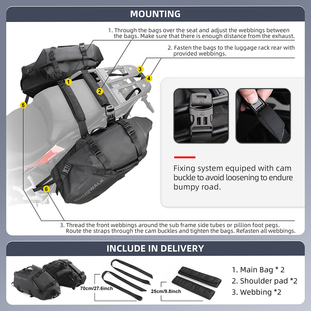 Rhinowalk Waterproof Motorcycle Saddle Bags – 18L/28L/48L Universal