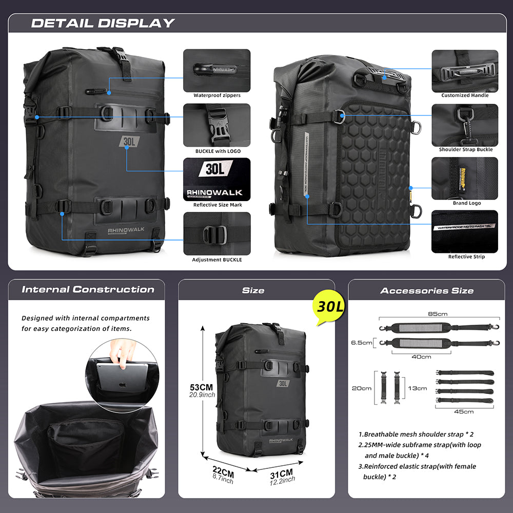 Rhinowalk 30L Waterproof Motorcycle Tail & Side Bag