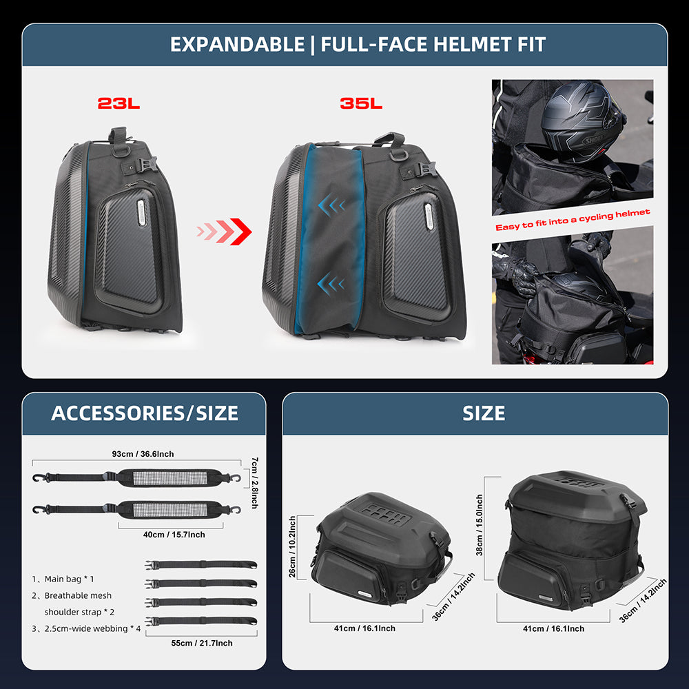 Rhinowalk 23-35L Waterproof Hard Shell Motorcycle Tail Bag