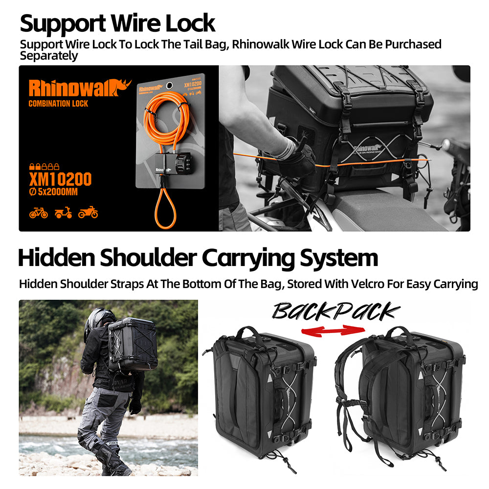 Rhinowalk Tactical Motorcycle Tail Bag - Waterproof 36L Multi-Function Motorbike Luggage with Camera/Cooler/Full-Face Helmet Storage