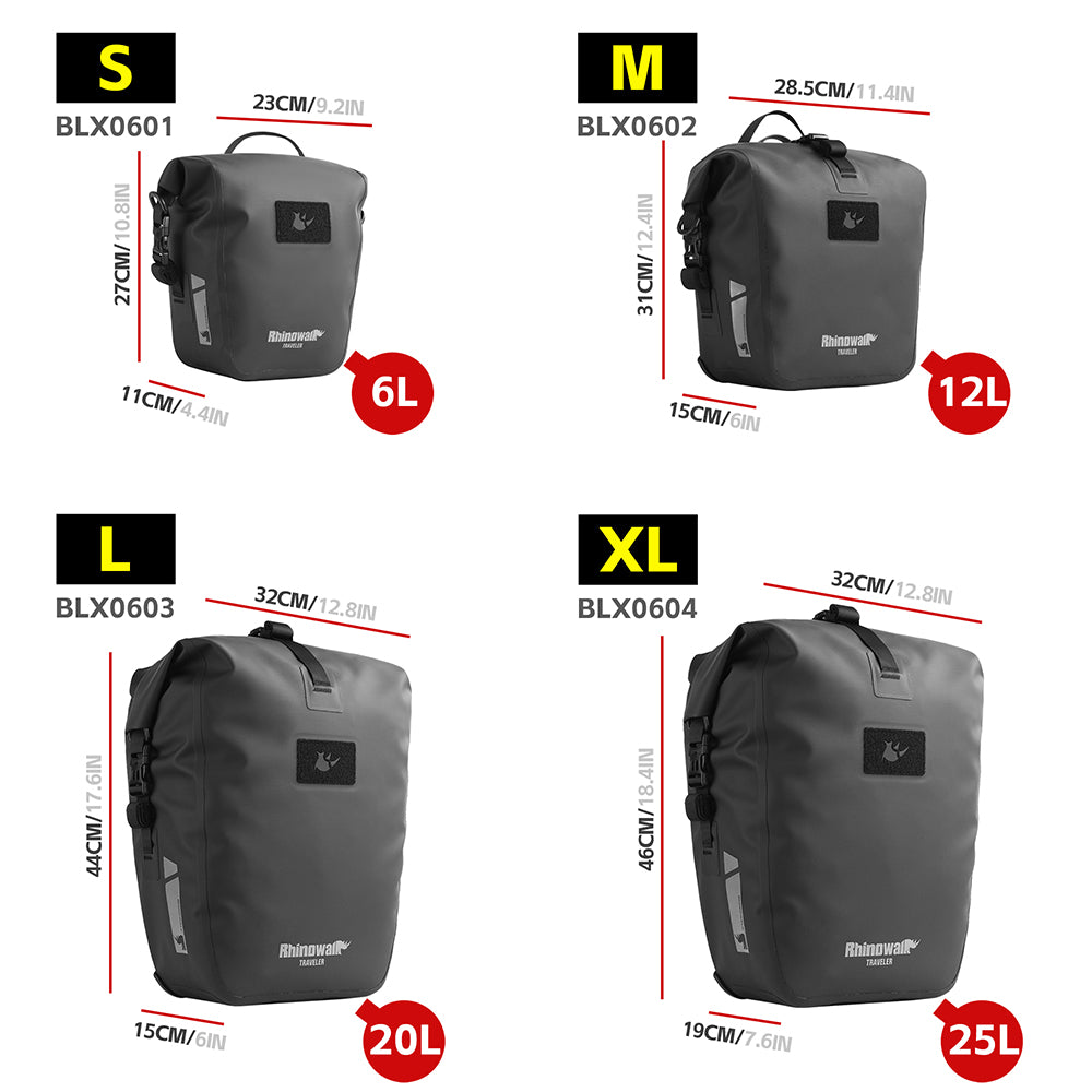 Rhinowalk Waterproof Bike Saddle Pannier - Quick-Release Bicycle Bag for Long-Distance Cycling Touring (6L-25L Sizes)