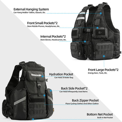Rhinowalk Multifunctional Riding Vest - Helmet Storage, Hydration System, Breathable Mesh & Multi-Pocket Design for Motorcycling & Bicycling