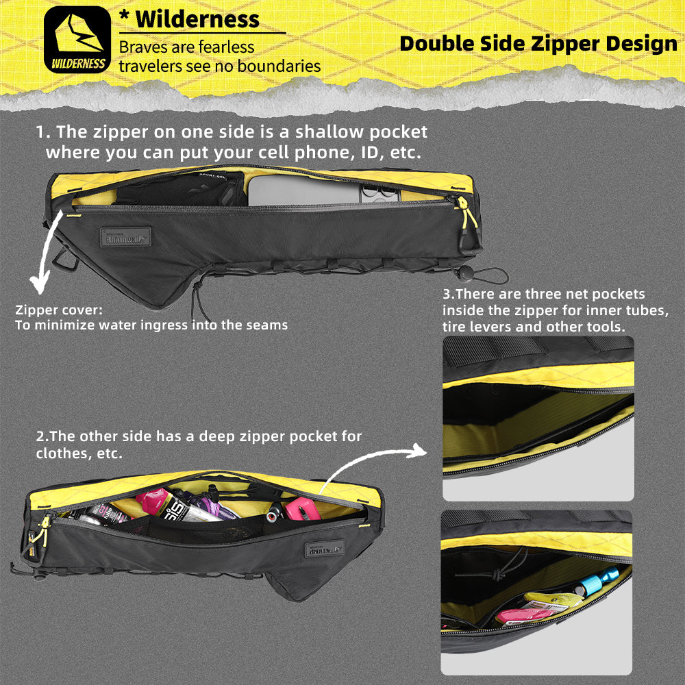 Rhinowalk Wilderness 2.4L Waterproof Bike Frame Bag - Fits 54+ Bike Sizes, No Water Bottle Interference