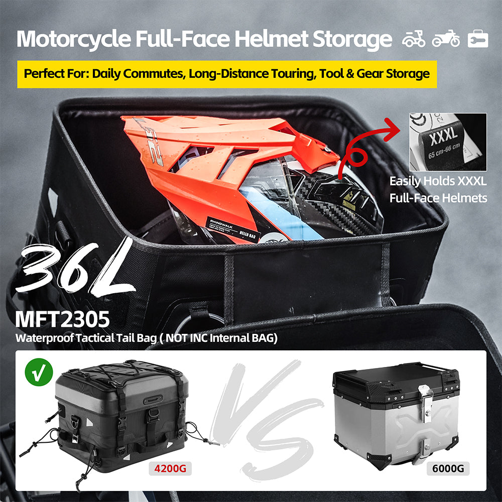Rhinowalk Tactical Motorcycle Tail Bag - Waterproof 36L Multi-Function Motorbike Luggage with Camera/Cooler/Full-Face Helmet Storage