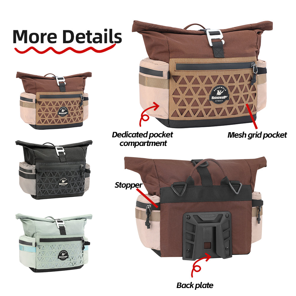 Rhinowalk Folding Bike Handlebar Bag 6.5L Quick-Release Urban Cycling  Waterproof with Rain Cover for Brompton Bikes