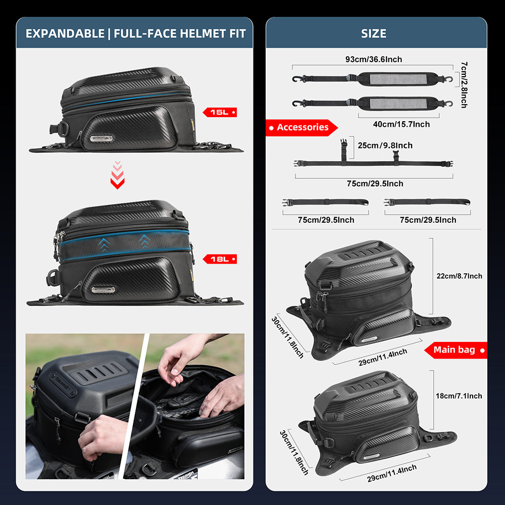 Rhinowalk Motorcycle Tank Bag, 15-18L Expandable Motorcycle Storage, Waterproof All Weather-Carbon Fiber Black MTR3001